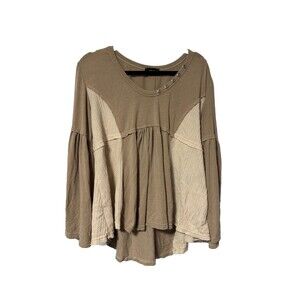 VICI Boho Peasant Oversized High Low Hem Long Sleeve Top Brown Medium Brown